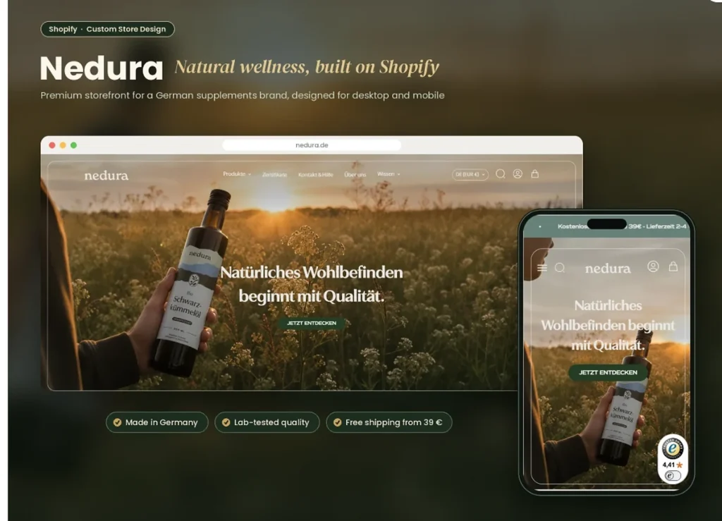 Nedura Shopify store design for a German natural supplements brand on desktop and mobile